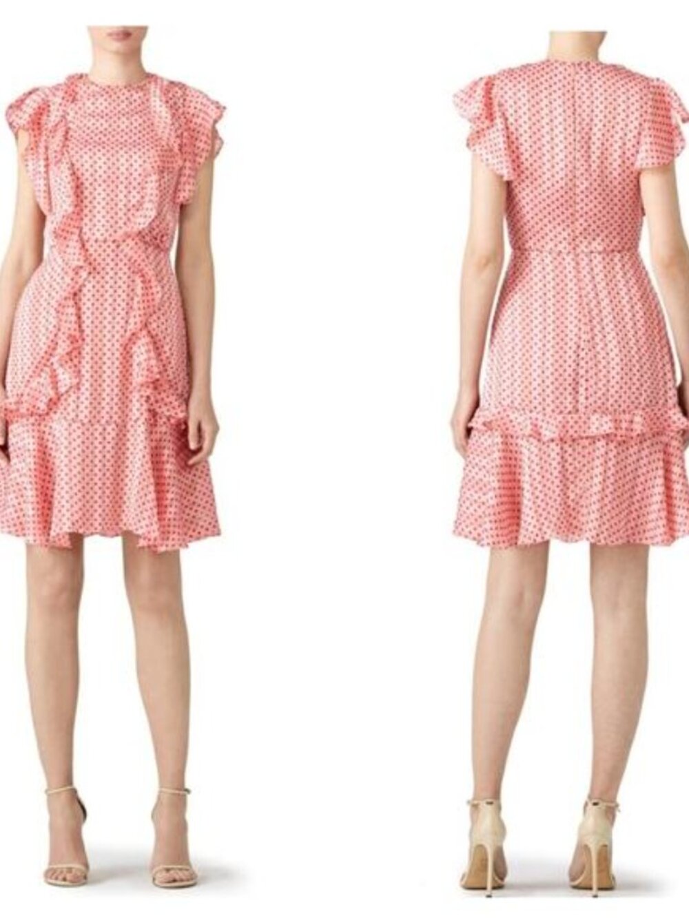Monique Lhullier Chiffon Mini Dress Pink w/ Red Polka Dots Retro Dainty Ruffles